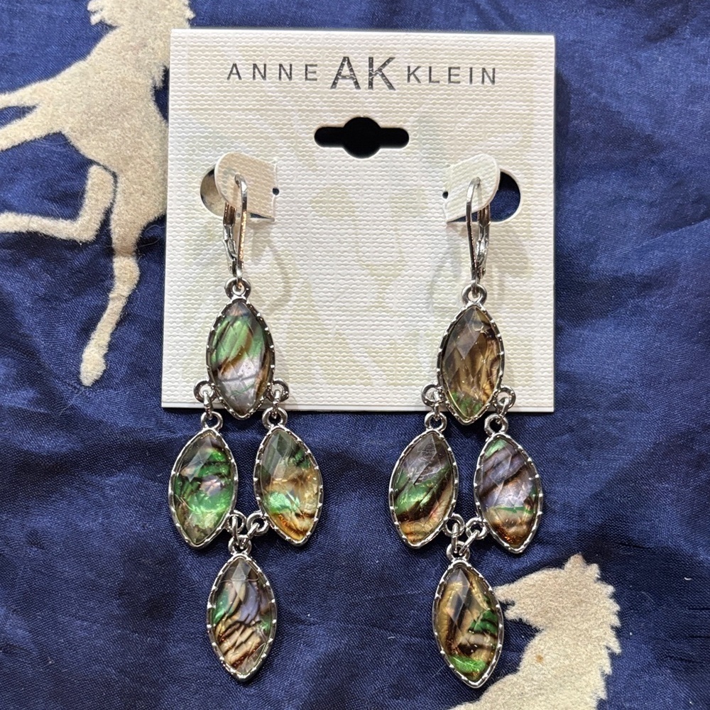 Brand New Anne Klein Abalone Shell Silver Tone Drop Earrings Dangly Iridescent